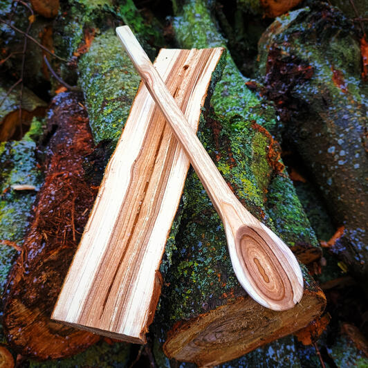 bird cherry cooker a cooking spoon carved from bird cherry with a very definitive definition between the heart and sap wood, resting on the other half of the log from which it was carved
