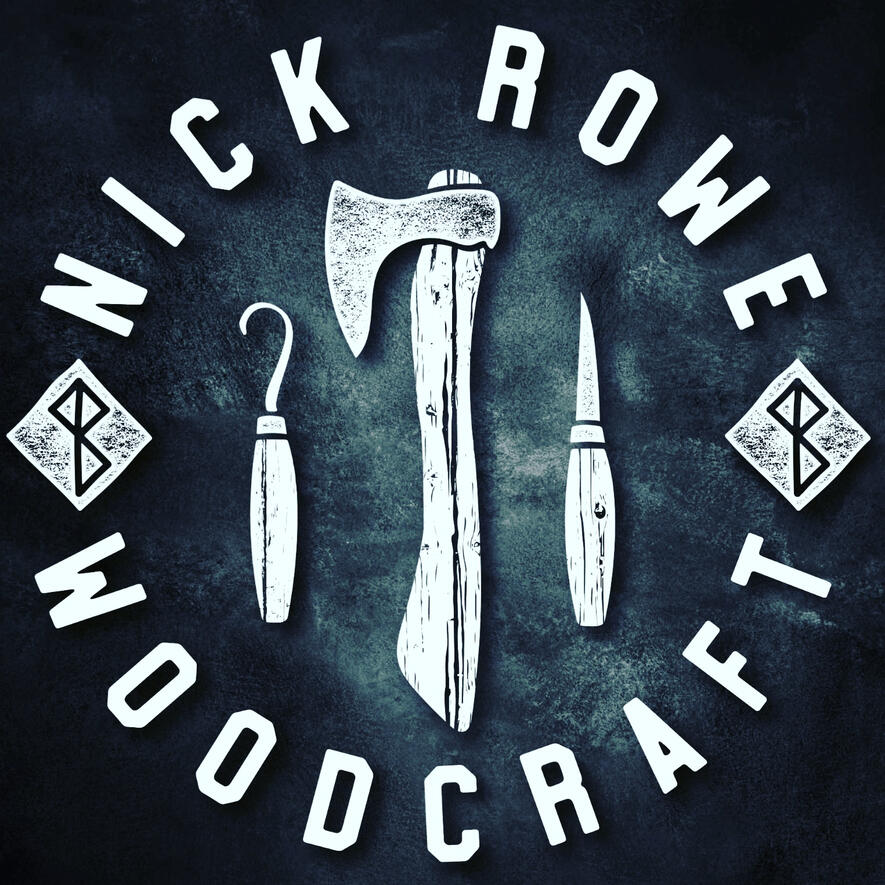 Nick Rowe Woodcraft logo, the banded name sits around an image of a carving axe, a straight and a hooked sloyd knife, and with 2 of the makers brands on either side. with a faded blue to white coloured background